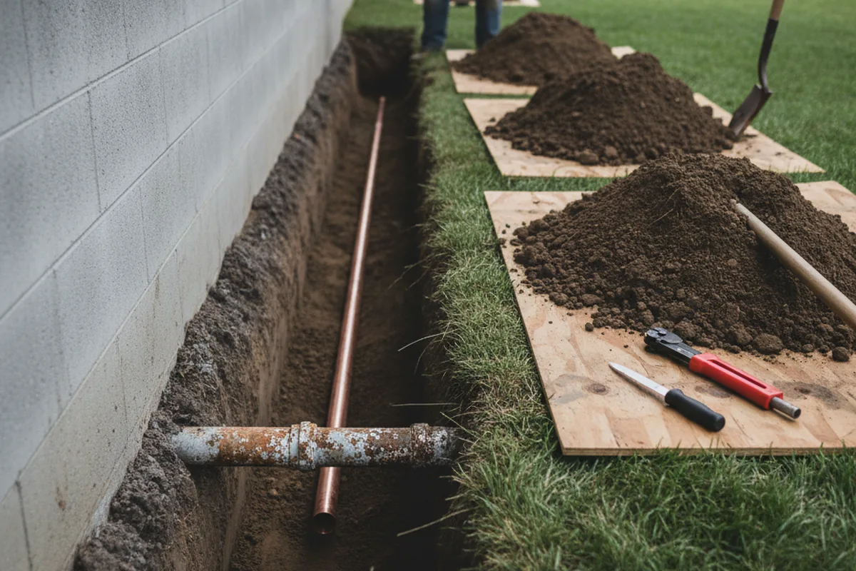 Excavated water line trench during Water Heater Repair in Onley